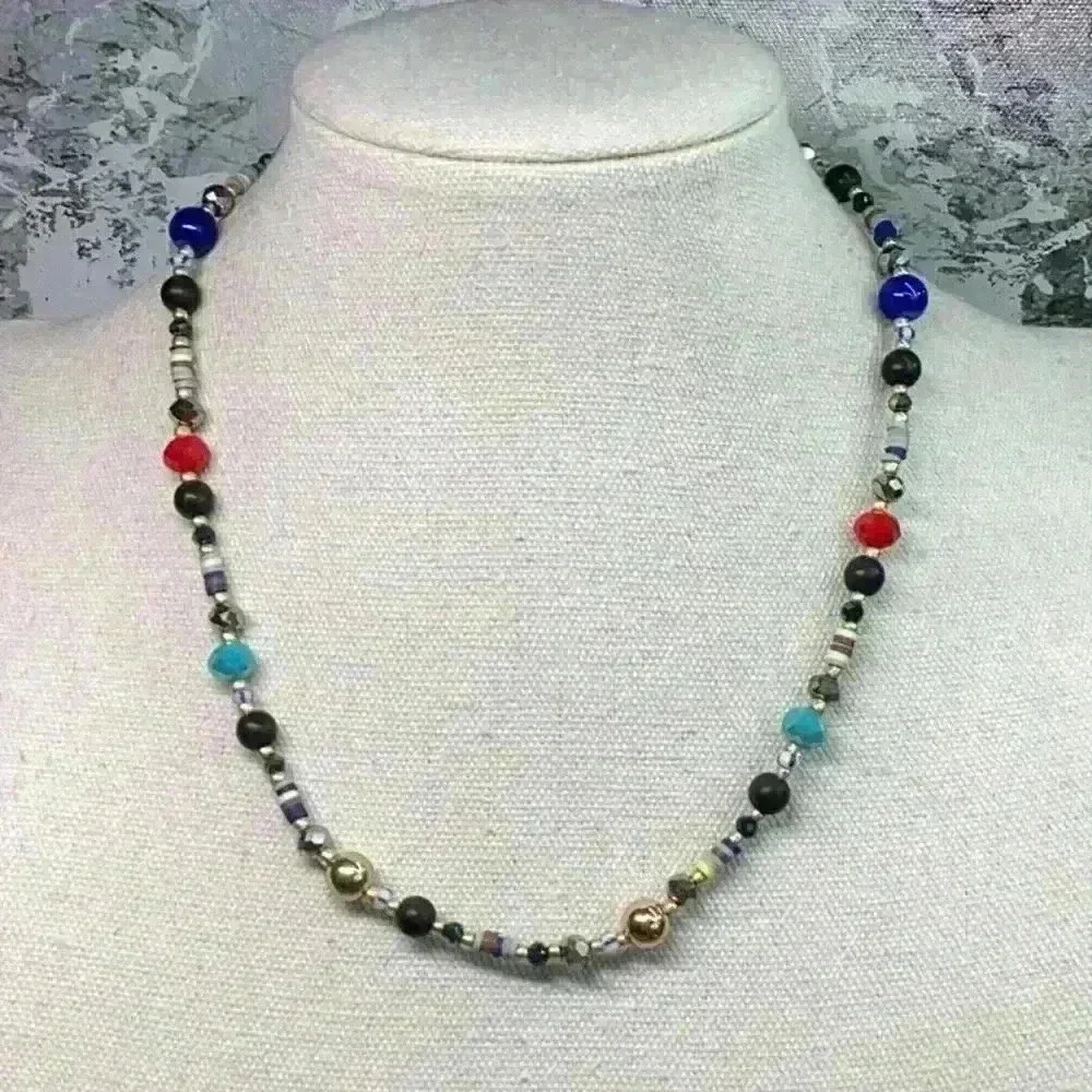 Beaded Necklace with Glass and Gold Beads Multi Colored